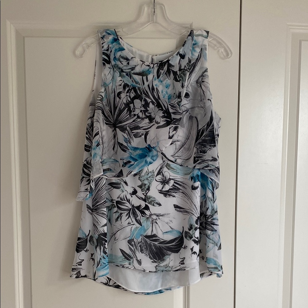 White House Black Market Floral Print Tank Top - Black, White, Blue